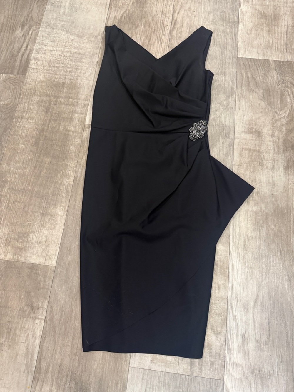 Alex Evenings Black V-Neck Draped Sheath Dress with Jeweled Accent
